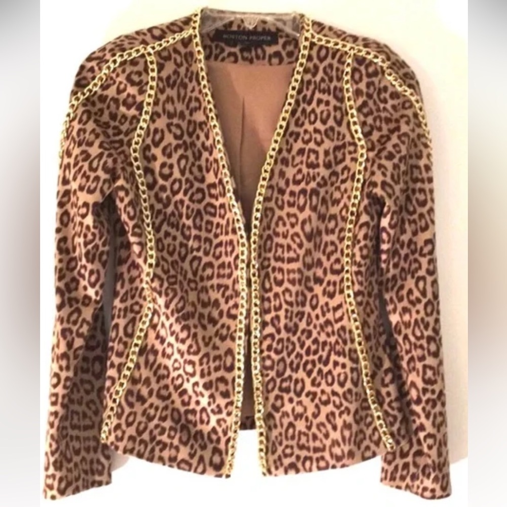 XS Boston Proper leopard faux suede jacket blazer with gold chain trim